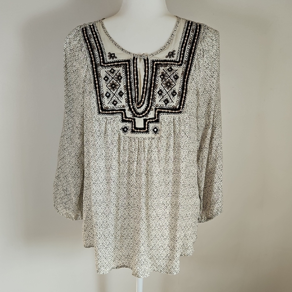 Lucky Brand Tunic Top Full Sleeve Embroidered Embellished Boho Peasant Ditzy XL